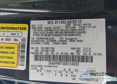 2013 Ford Fusion Se z USA, uszkodzony, nr VIN 3FA6P0H75DR154433